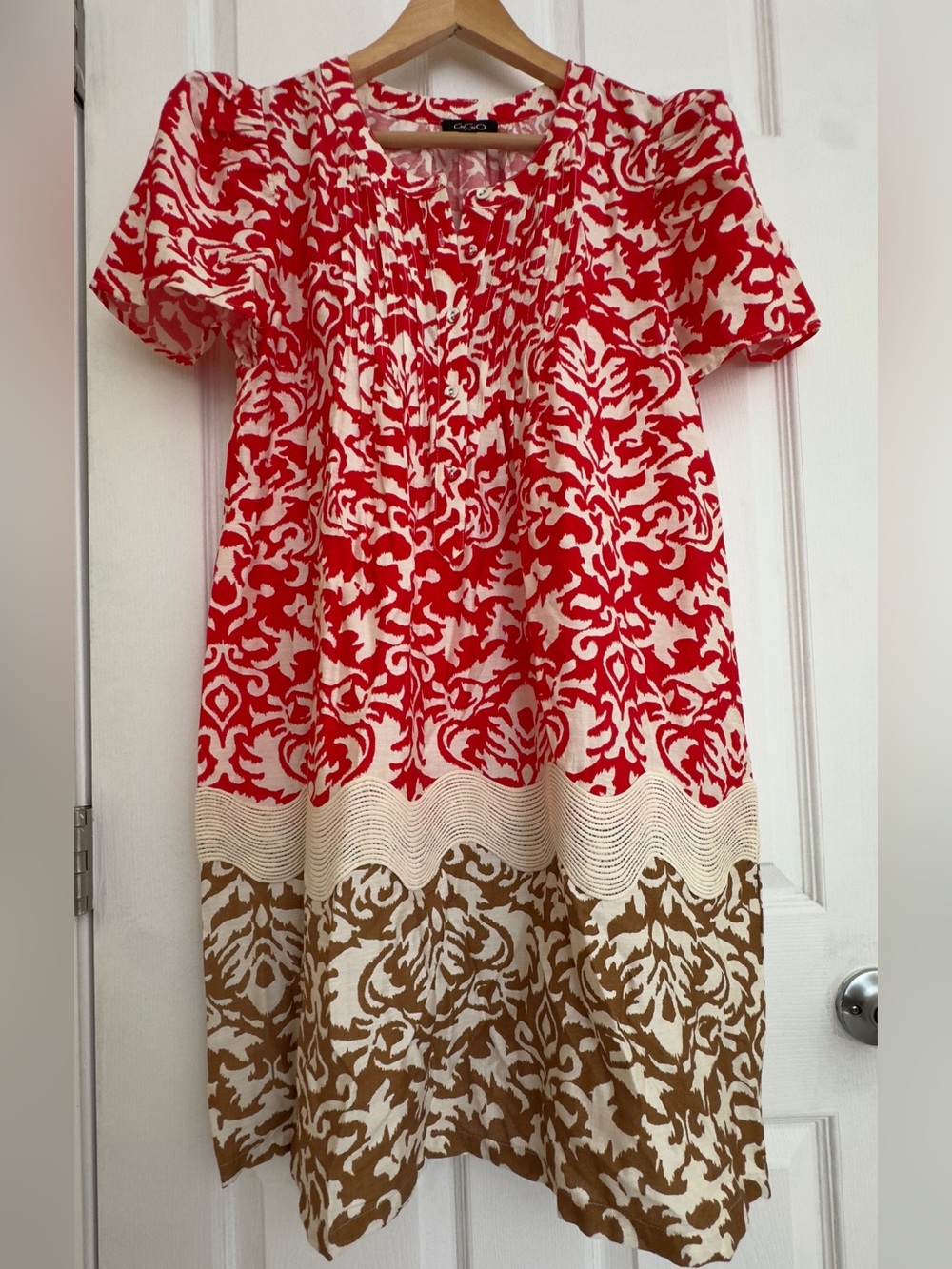 Red & White Patterned Midi Dress with Tan Border